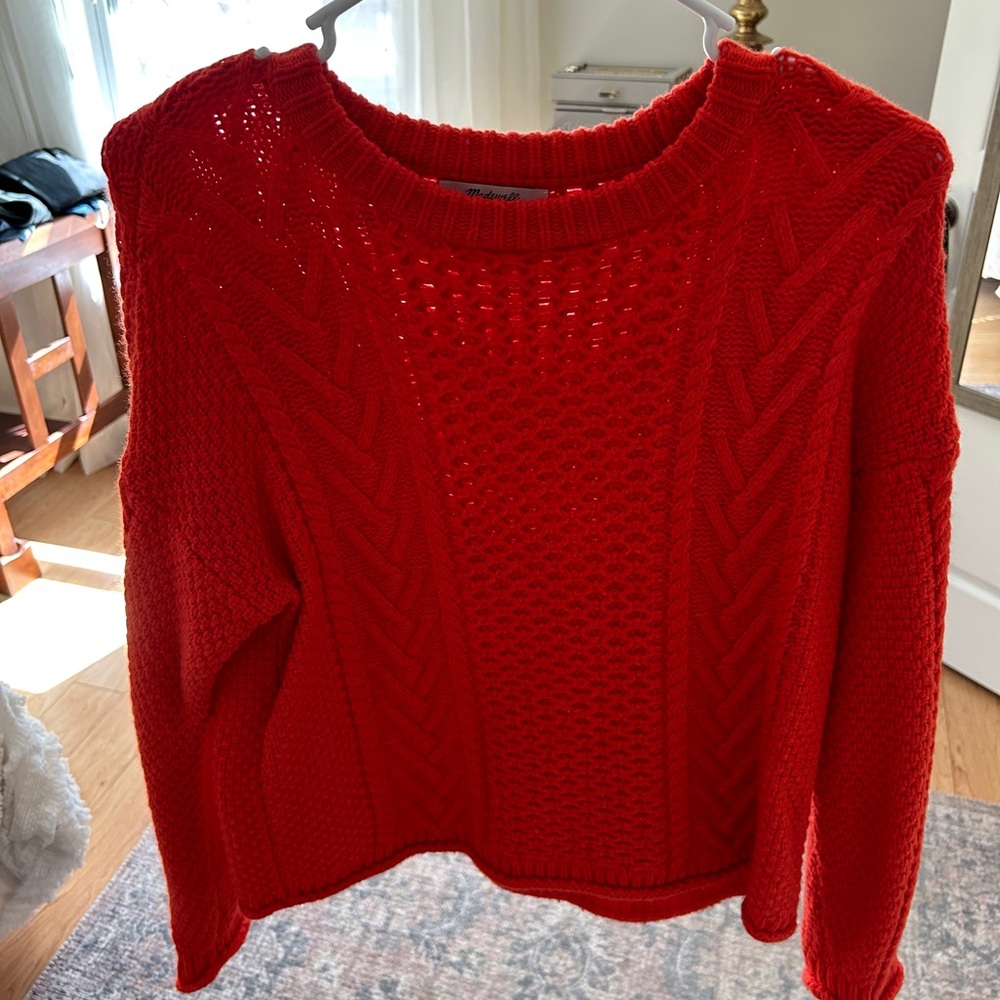 Madewell Cableknit Pullover Sweater in Bright Poppy